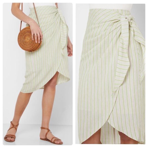 Mango Skirt Wrap Striped Linen Blend Beige New - Picture 1 of 8